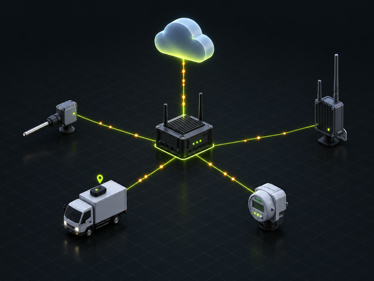 Sensores industriales, un camión con GPS y un medidor conectados a un gateway y a la nube.
